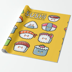 Cute grappige sushi maki rolt naadloos cartoon cadeaupapier