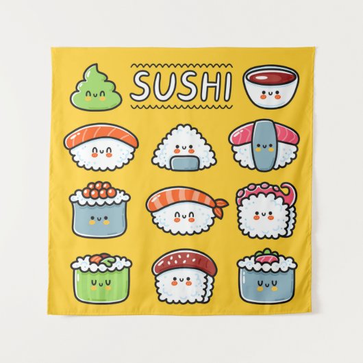 Cute grappige sushi maki rolt naadloos cartoon wandkleed (Voorkant)