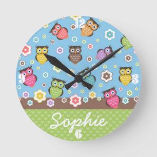 Cute grappige trendy owls en bloesem ronde klok