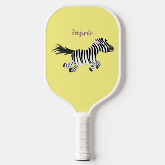 Cute grappige zebra lopende illustratie van cartoo pickleball paddle (Voorkant)