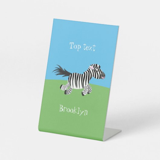 Cute grappige zebra lopende illustratie van cartoo reclamebord met voetstuk (Voorkant)
