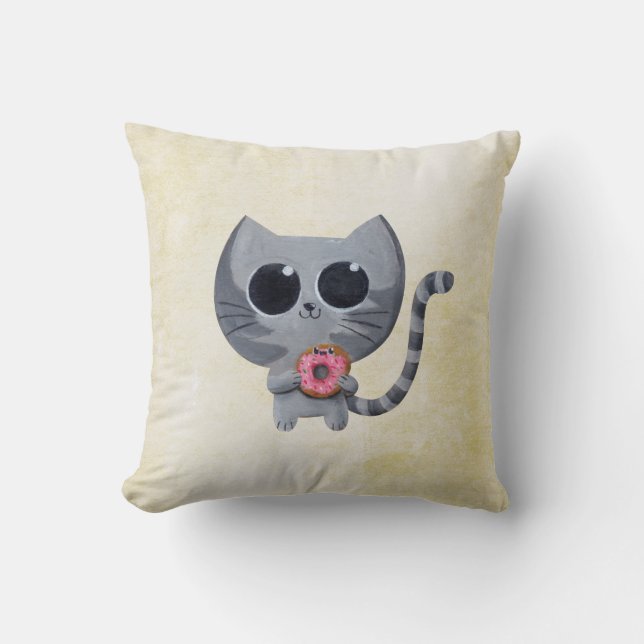 Cute Gray Cat en Donut Kussen (Voorkant)