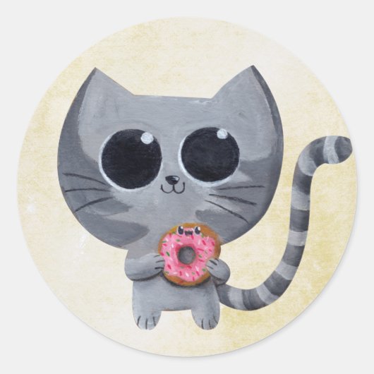Cute Gray Cat en Donut Ronde Sticker (Voorkant)