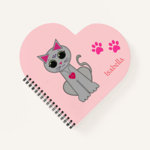 Cute Gray Cat & Name Calligraphy on Pink Notitieboek