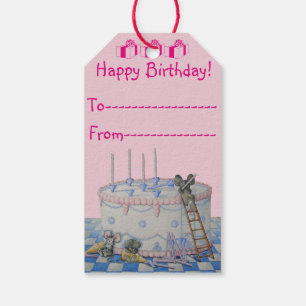Cute gray-muizen versierd verjaardagstaart cadeaulabel