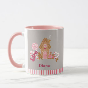Cute Gray Pink Candy Cane Gingerbrood House Mok
