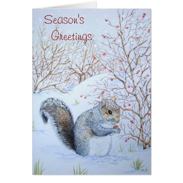 Cute gray squirrel snow scène verse voor kerstmis (Voorkant)