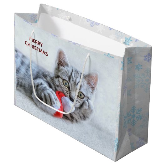 Cute Gray Tabby Cat met kerstPet Xmas Groot Cadeauzakje (Voorkant Gekanteld)