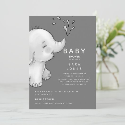 Cute Gray Waterverf Elephant Baby shower Kaart (Staand voorkant)