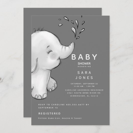 Cute Gray Waterverf Elephant Baby shower Kaart (Voorkant / Achterkant)