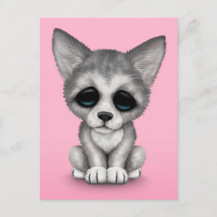Cute Gray Wolf Cub Puppy op Roze Briefkaart