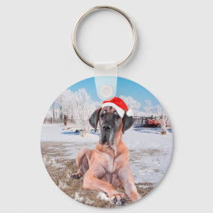 Cute Great Dane Dog Sitting in Snow-Kerstmis-Pet Sleutelhanger