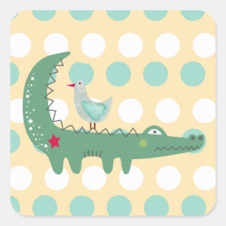Cute Green Alligator met Seagull Polka Dots Vierkante Sticker