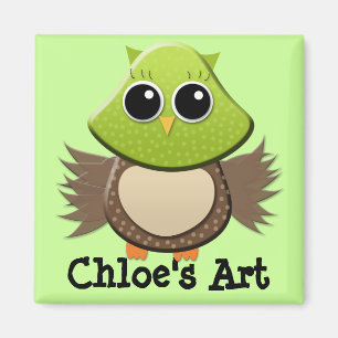 Cute Green and Brown Owl Child's Artwork Magnet Magneet