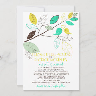 Cute Green and Yellow Lovebird Wedding Invitation Kaart