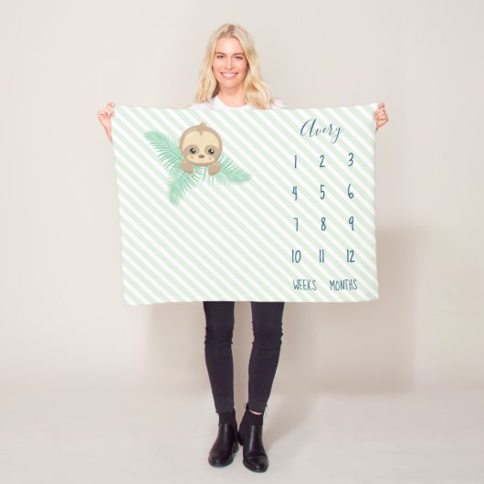 Cute Green Baby Sloth Baby Milestone Fleece Deken (In situ)