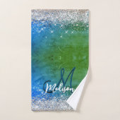 Cute green blue faux gold glitter monogram bad handdoek (Handdoek)