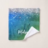 Cute green blue faux gold glitter monogram bad handdoek (Wasdoekje)
