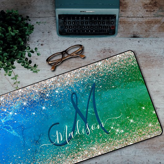 Cute green blue faux gold glitter monogram bureaumat