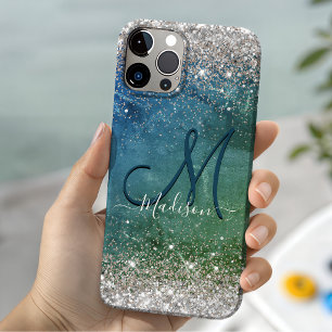 Cute green blue faux gold glitter monogram Case-Mate iPhone 14 hoesje