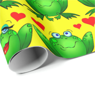 Cute Green Cartoon Frogs Love Heellow Cadeaupapier
