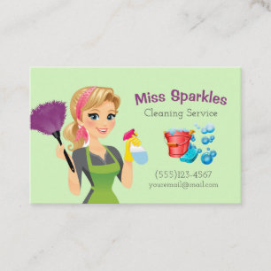 Cute Green Cartoon Maid House Cleaning Service Visitekaartje