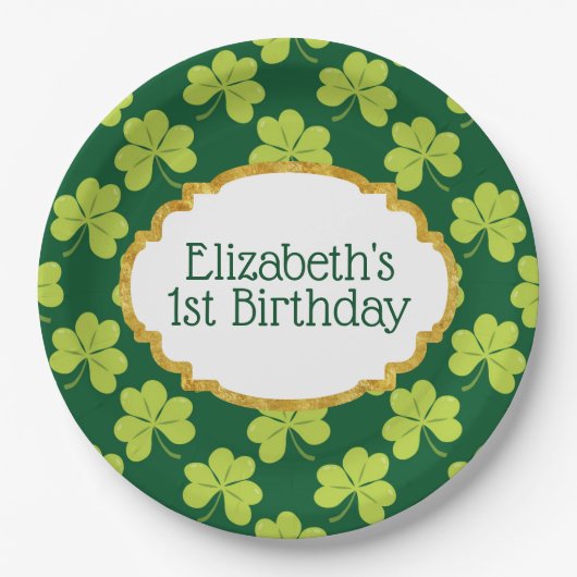 Cute Green Clover Shamrock Pattern Birthday Papieren Bordje (Voorkant)