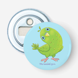 Cute green curious paraket cartoon button flesopener