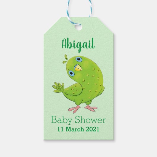 Cute green curious paraket cartoon cadeaulabel (Voorkant)