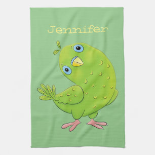 Cute green curious paraket cartoon theedoek