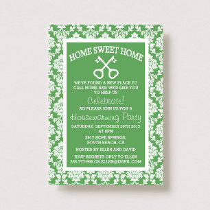 Cute Green Damask Home Sweet Home Houwarming Kaart