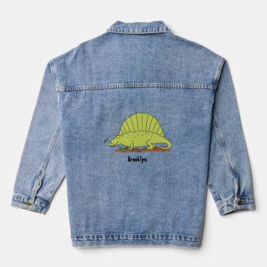 Cute green dimetrodon cartoon illustration denim jacket (Achterkant)