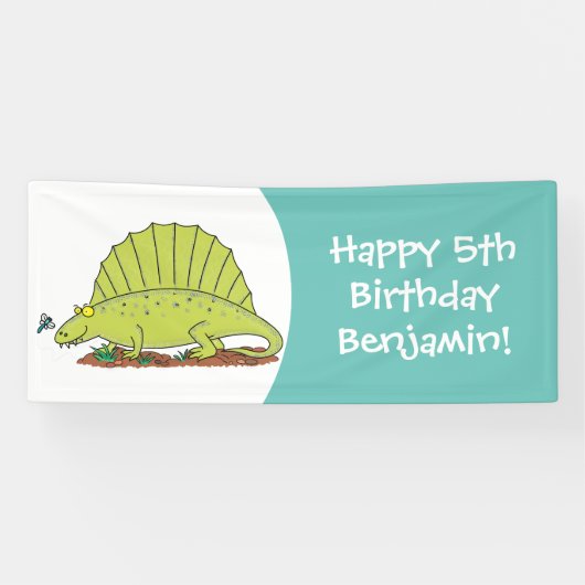 Cute green dimetrodon cartoon illustration spandoek (Horizontaal)