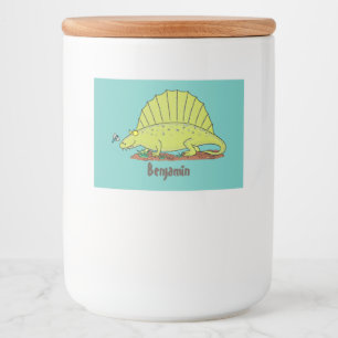 Cute green dimetrodon cartoon illustration voedselcontainer etiket