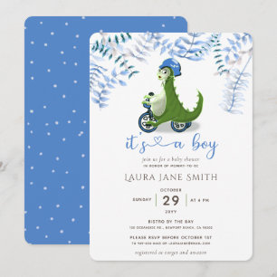 Cute Green Dinosaur Blue Trike Boy Baby shower Kaart