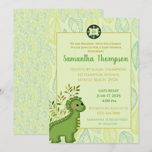 Cute Green Dinosaur Boy Baby shower Invitation (Devant / Derrière)