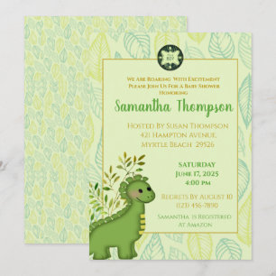 Cute Green Dinosaur Boy Baby shower Invitation Kaart