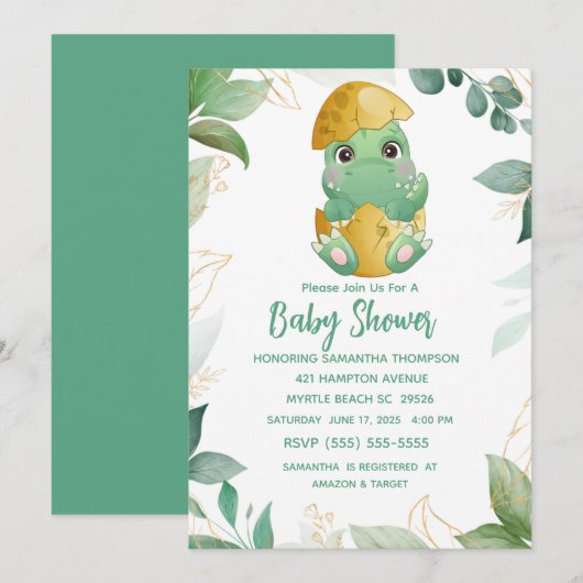 Cute Green Dinosaur Boys Baby shower Invitation (Devant / Derrière)
