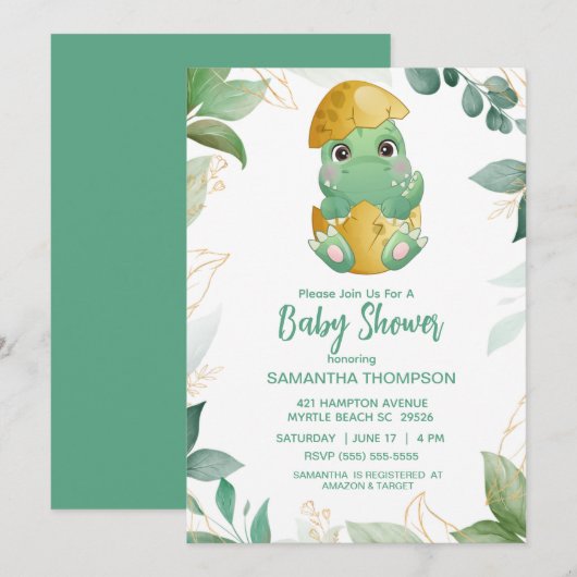 Cute Green Dinosaur Boys Baby shower Invitation (Devant / Derrière)