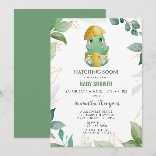 Cute Green Dinosaur Boys Baby shower Invitation (Devant / Derrière)