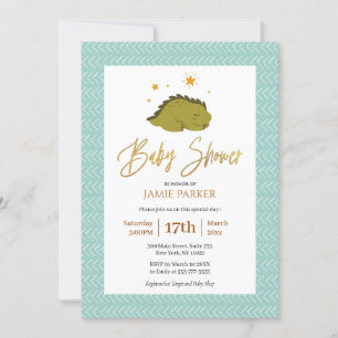 Cute Green Dinosaur Gold Script Baby shower Kaart
