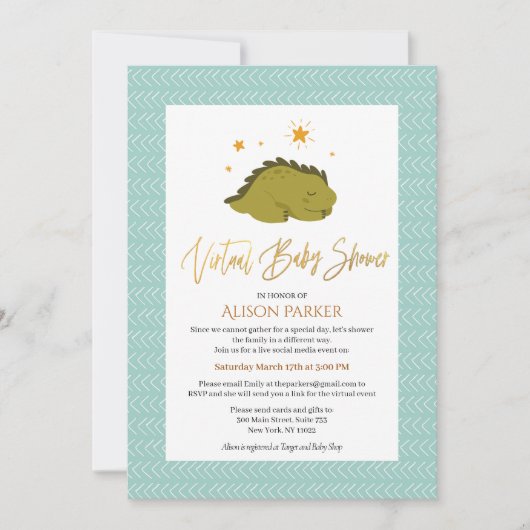 Cute Green Dinosaur Virtual Baby shower Kaart (Voorkant)