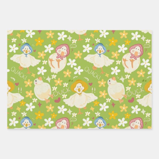 Cute Green Duck & Daisy Flower Seamless Pattern Inpakpapier Vel (Voorkant 2)
