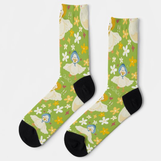 Cute Green Duck & Daisy Flower Seamless Pattern Sokken (Links)