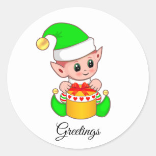 Cute Green Elf Greetings op White Square Sticker