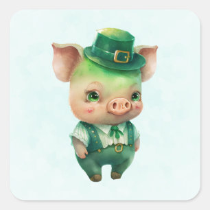 Cute Green Fairytale Pig in Fancy Attire Vierkante Sticker