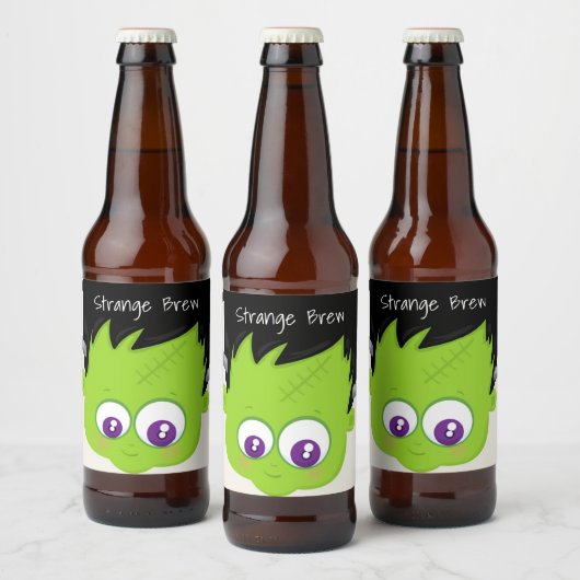 Cute Green Frankenstein Monster face Halloween Bier Etiket (Flessen)