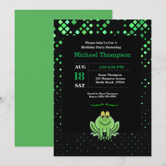Cute Green Frog Anniversaire Fête Invitation (Devant / Derrière)