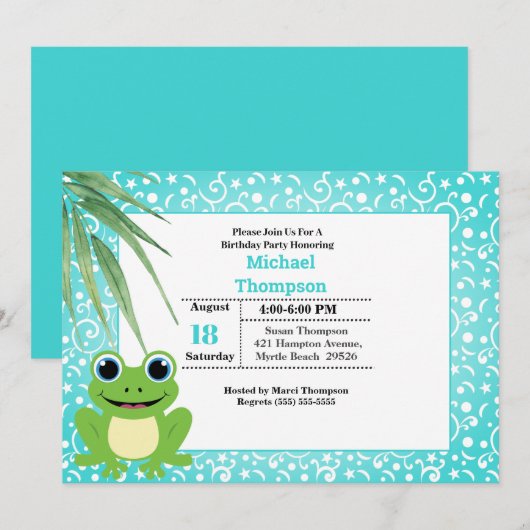 Cute Green Frog Birthday Party Invitation Kaart (Voorkant / Achterkant)