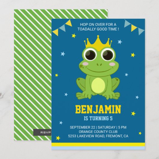 Cute Green Frog kinderen Birthday Party Invitation Kaart (Voorkant / Achterkant)